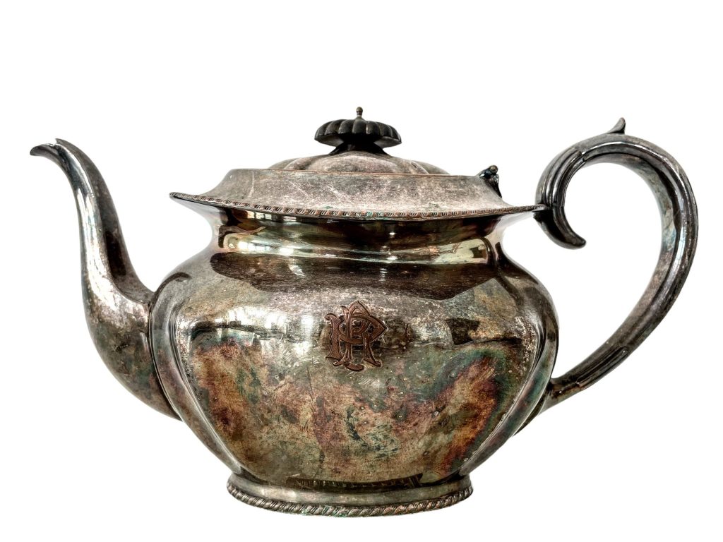 Antique French Silver Plate Teapot Coffee Pot Silverware Tea Decor Monogram PR Ornate Tarnish Patina circa 1910-20’s / EVE
