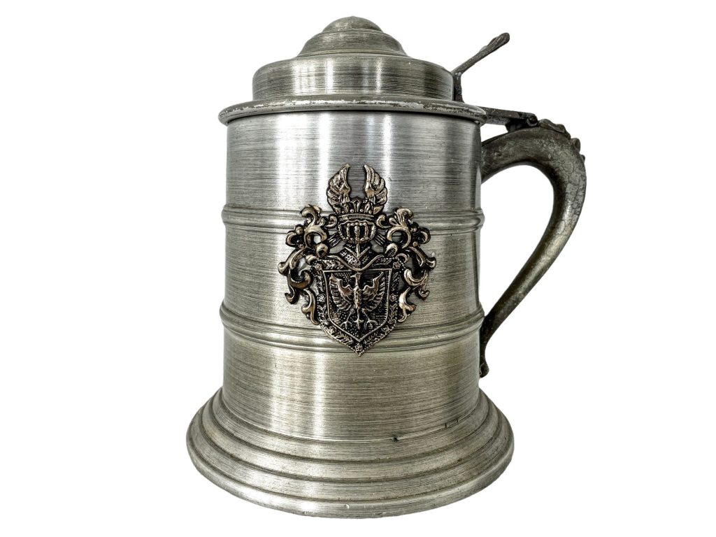 Vintage French Silver Metal Tankard Style Crest Lined Ice Bucket Cooler Display Stand Pot Handled Tarnish c1970-80’s / EVE