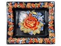 Vintage Square Plate French Red Rose Flowers Bowl Dish Platter Ceramic Black Red Green White Serving Plate c1950-60's / EVE