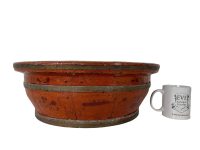 Alternative view of Antique Chinese Large Lacquered Forge Red Wood Basin Bowl Bronze Braces Metalwork Chippy Not Watertight Wooden c1910-20's / EVE