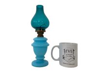 Alternative view of Vintage French Blue Milk Glass Brass Oil Paraffin Lamp Light Lighting Display circa 1930-40's / EVE