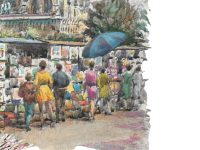 Alternative view of Vintage French Watercolour Painting Paris Street Market Art Notre Dame Wall Decor c1970-80's / EVE