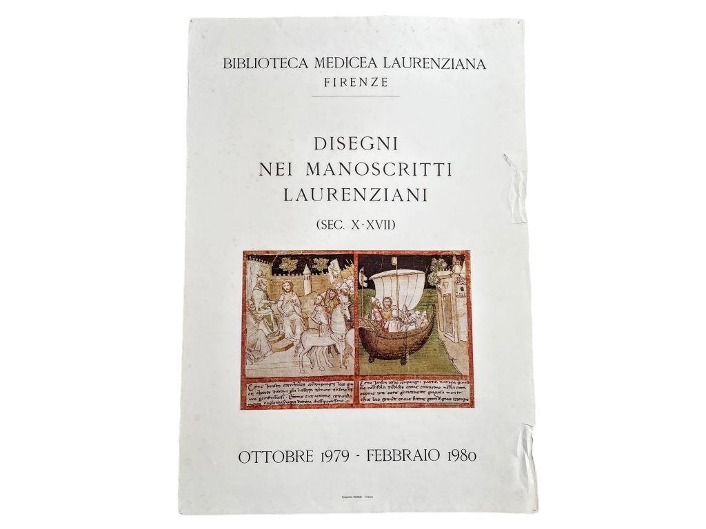 Vintage Italian Disegni Nei Manoscritti Laurenziani Firenze Art Exhibition Show Original Advertising Poster Wall Decor c1979 / EVE