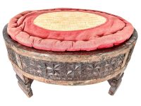 Vintage Indian Cushioned Stool Chair Wooden Brown Natural Wood Woven Stand Rest Seating Prop Tray Plinth circa 1980-1990's / EVE