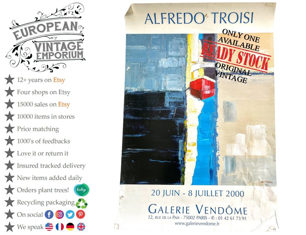 Vintage French Alfredo Troisi Galerie Vendome Paris Gallery Original Exhibition Poster Wall Decor Painting Display Artwork c2000 / EVE