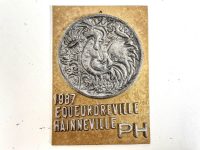 Vintage French Bird Pigeon Poultry Pet Show Chicken Equeurdreville Shield Plaque metal trophy prize wall decor display circa 1987 / EVE