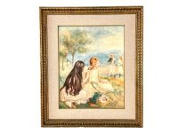 Vintage French Renoir Girls By The Sea Large Framed Print In A Gold Painted Wood & Plaster Frame Wall Decor c1970-80's / EVE