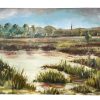 Vintage French Robert Glatigny Painting Oil River Marsh Ducks Church Steeple Skyline Scenic On Canvas c1980-90's / EVE