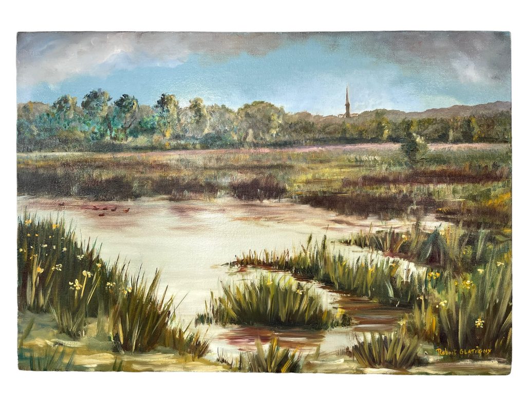 Vintage French Robert Glatigny Painting Oil River Marsh Ducks Church Steeple Skyline Scenic On Canvas c1980-90’s / EVE