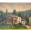 Antique French Painting Of House Village Scene In Forest Oil Skyline Scenic On Canvas c1910-20's / EVE