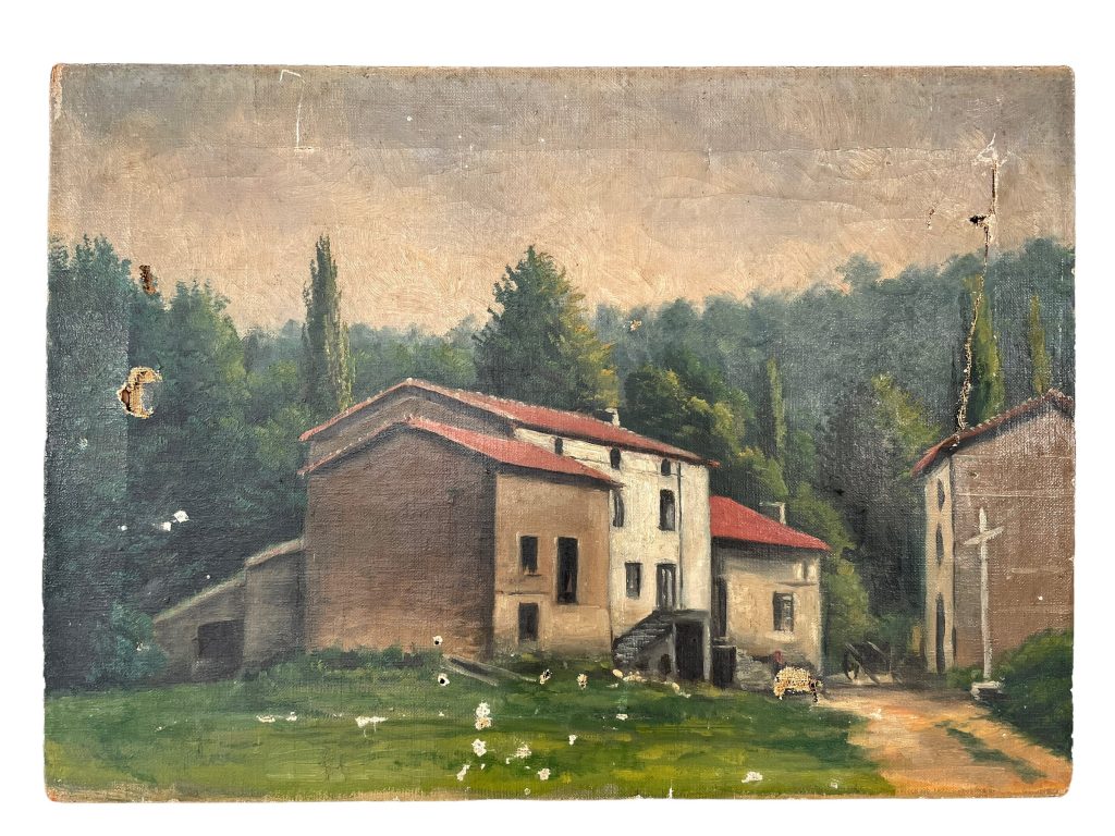 Antique French Painting Of House Village Scene In Forest Oil Skyline Scenic On Canvas c1910-20’s / EVE