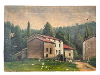 Antique French Painting Of House Village Scene In Forest Oil Skyline Scenic On Canvas c1910-20's / EVE