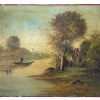 Antique French Painting Of River Scene Oil River Punt Boat Cabin Skyline Scenic On Canvas c1890's / EVE