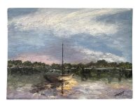 Vintage French AM Hubert River Bridge Estuary Sea Sailing Boat Seaside Acrylic Painting On Hardboard Wall Decor c1940-50's / EVE