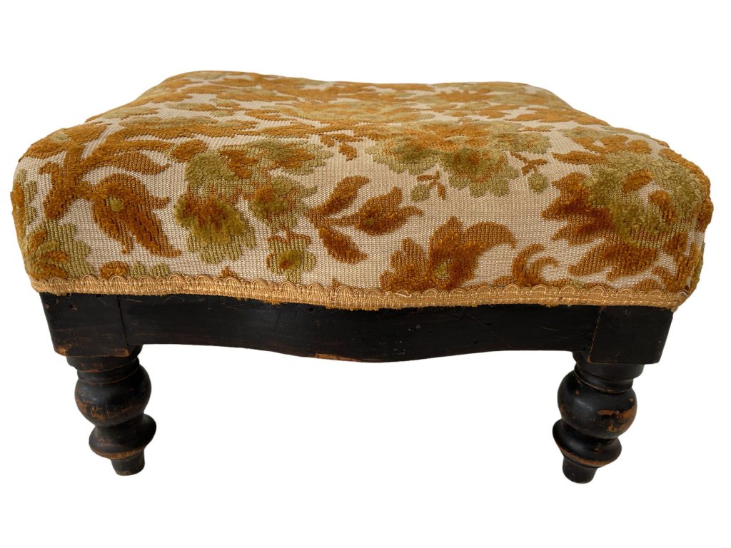 Antique French Small Wooden Brown Orange Padded Cushioned Footrest Foot Rest Stool Natural Wood Refurbished c1910-20's / EVE