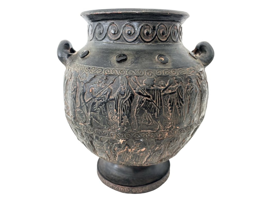 Vintage Greek Vase Terracotta Black And Orange Oil Wine Water Flask Vase Decanter Ornament Handmade Decor Design c1970-80’s / EVE