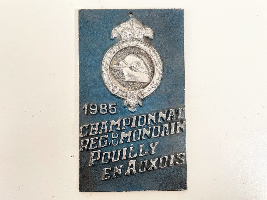 Vintage French Pigeon Racing Show Prize Oouilly En Auxois Shield Plaque metal trophy prize wall decor display circa 1985 / EVE