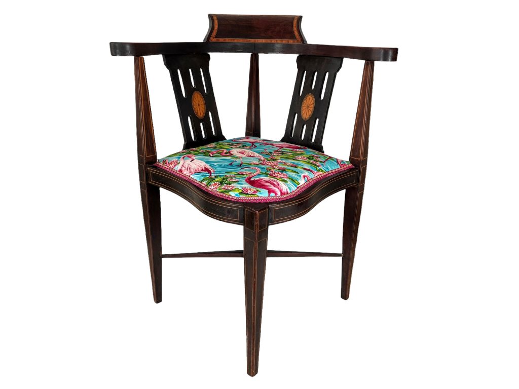 Antique English Corner Chair Inlaid Walnut Newly Upholstered Flamingo Material Wooden Brown Wood Work Rest Seating c1910’s / EVE