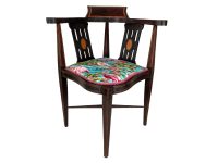 Antique English Corner Chair Inlaid Walnut Newly Upholstered Flamingo Material Wooden Brown Wood Work Rest Seating c1910's / EVE