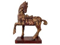 Vintage Chinese Wooden Wood Carved Foo Horse Ornament Home Decor China Asian Decoration Decorative Red Gold circa 1970-80's / EVE