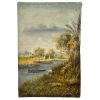 Antique French Painting Of Asian River Scene Oil River Punt Boat Village Skyline Scenic On Canvas c1913 / EVE