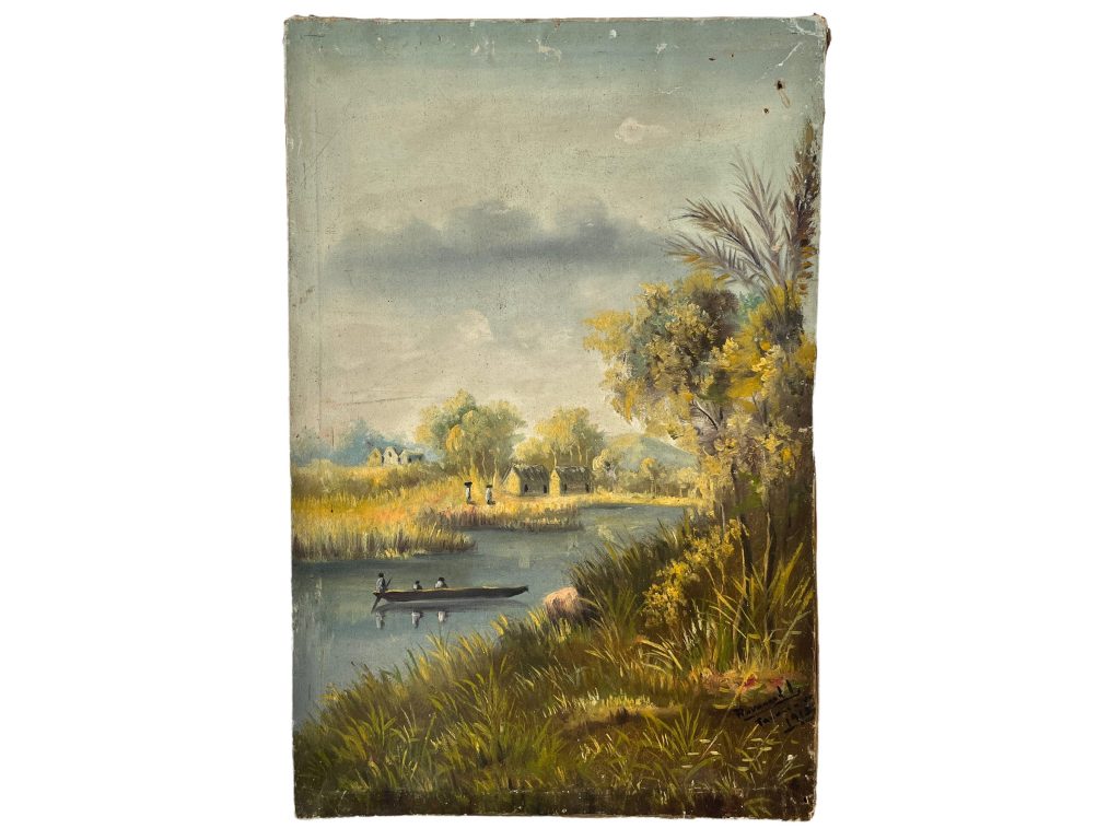 Antique French Painting Of Asian River Scene Oil River Punt Boat Village Skyline Scenic On Canvas c1913 / EVE
