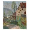 Antique French Robert Gartfroy Painting Of House Village Scene In Forest Acrylic Skyline Scenic On Board c1945 / EVE