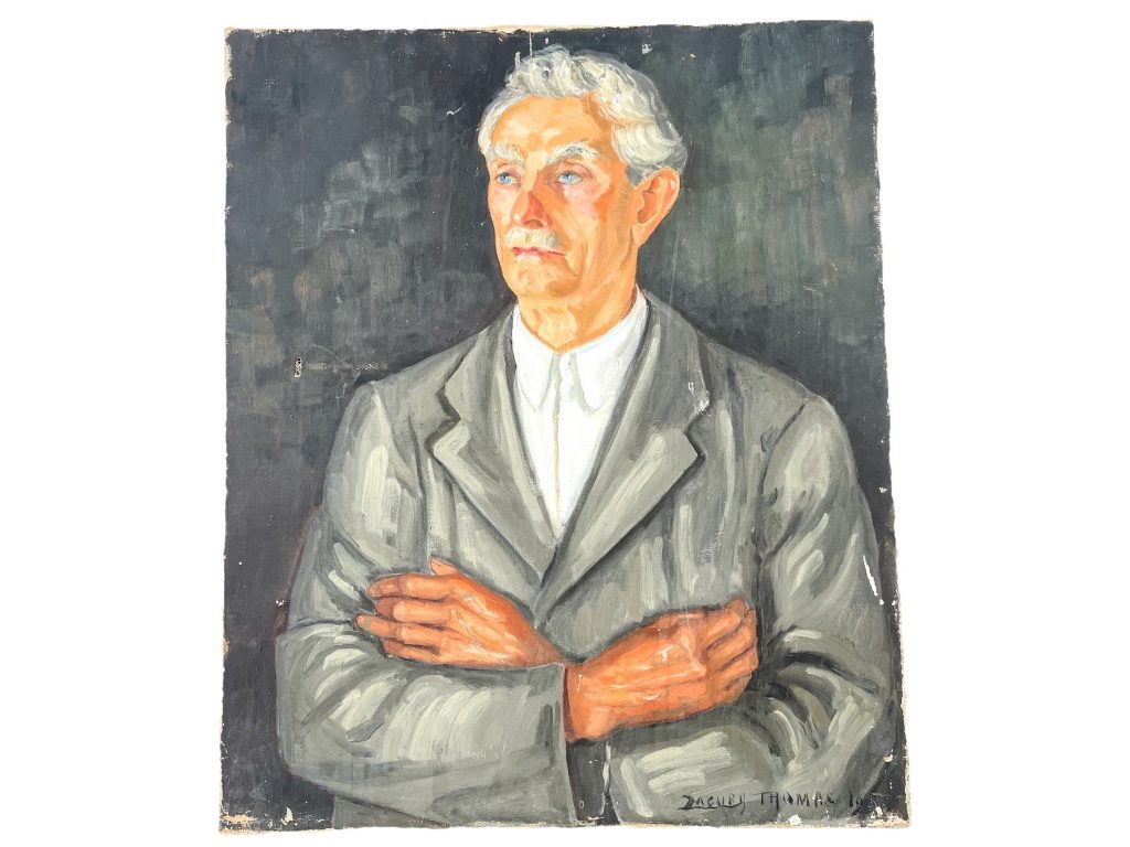 Vintage French Zagury Thomas Portrait Painting Of French Man In Grey Suit Acrylic On Canvas c1958 / EVE