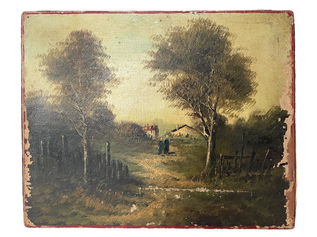 Antique French Stroll To The Village Painting Of House Scene In Forest Oil Skyline Scenic On Canvas c1890’s / EVE