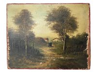 Antique French Stroll To The Village Painting Of House Scene In Forest Oil Skyline Scenic On Canvas c1890's / EVE