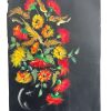 Vintage French Acrylic Painting Of Flowers On Black Paper Naive Style Wall Decor Signed Josiane Pasquier c1968 / EVE
