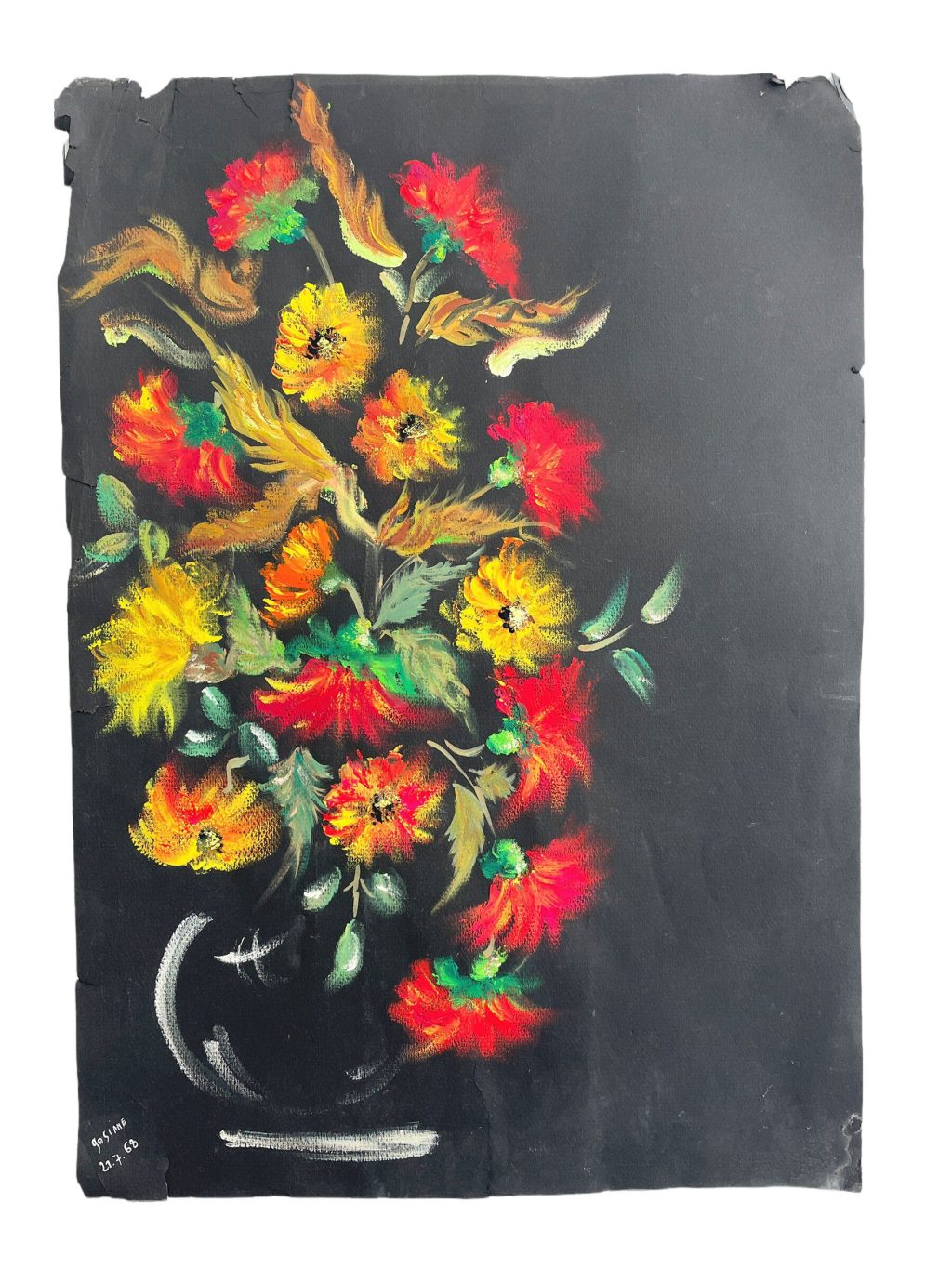 Vintage French Acrylic Painting Of Flowers On Black Paper Naive Style Wall Decor Signed Josiane Pasquier c1968 / EVE