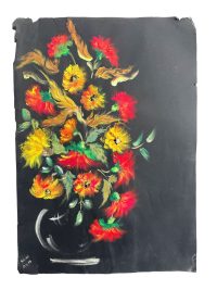 Vintage French Acrylic Painting Of Flowers On Black Paper Naive Style Wall Decor Signed Josiane Pasquier c1968 / EVE 3