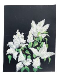Vintage French Acrylic Painting Of Flowers On Black Paper Naive Style Wall Decor By Josiane Pasquier c1960-70's / EVE