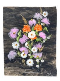 Vintage French Acrylic Painting Of Flowers On Paper Naive Style Wall Decor By Josiane Pasquier c1967 / EVE