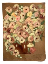 Vintage French Acrylic Painting Of Flowers On Card Naive Style Wall Decor By Josiane Pasquier c1965 / EVE