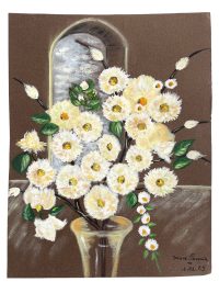 Vintage French Acrylic Painting Of Flowers On Paper Naive Style Wall Decor Signed Josiane Pasquier c1963 / EVE
