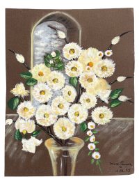 Vintage French Acrylic Painting Of Flowers On Paper Naive Style Wall Decor By Josiane Pasquier c1967 / EVE