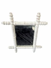 Antique French Wooden Wood Bamboo Look White Painted Wall Hanging Mirror Wood Glass Decorative Bathroom Cloakroom Hallway c1910-20's / EVE