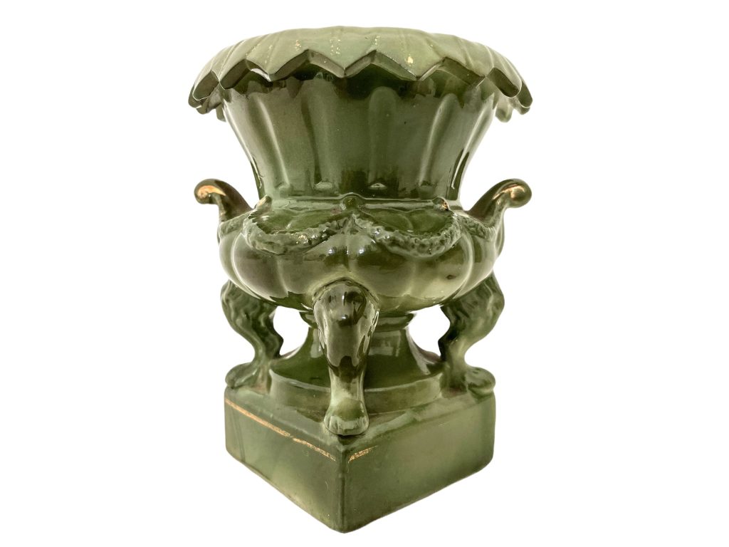 Antique French Green Gold Plate Porcelain Ceramic Urn Pot Vase Jug Container Storage Display Prop DAMAGED c1870's / EVE