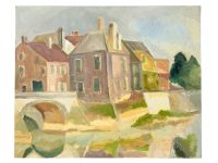 Vintage French River Bridge Estuary Sea House Seaside Acrylic Painting On Hardboard Wall Decor c1970-80's / EVE