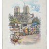 Vintage French Watercolour Painting Paris Street Market Art Notre Dame Wall Decor c1970-80's / EVE