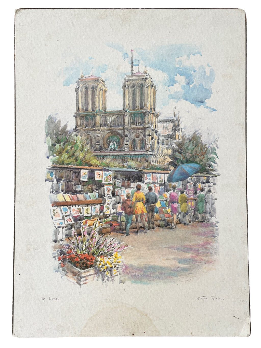 Vintage French Watercolour Painting Paris Street Market Art Notre Dame Wall Decor c1970-80’s / EVE