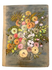 Vintage French Watercolour Painting Of Flowers On Notebook Cover Naive Style Signed Wall Decor Signed Josiane c1967 / EVE