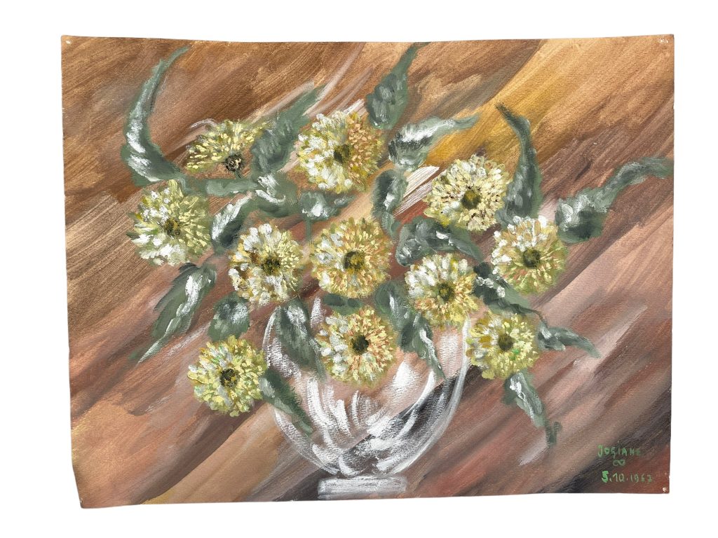 Vintage French Acrylic Painting Of Flowers On Paper Naive Style Wall Decor Signed Josiane Pasquier c1967 / EVE