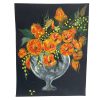 Vintage French Acrylic Painting Of Flowers On Black Paper Naive Style Wall Decor By Josiane Pasquier c1965 / EVE