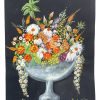 Vintage French Acrylic Painting Of Flowers On Black Paper Naive Style Wall Decor By Josiane Pasquier c1962 / EVE
