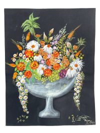 Vintage French Acrylic Painting Of Flowers On Black Paper Naive Style Wall Decor By Josiane Pasquier c1962 / EVE 3