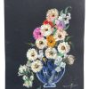Vintage French Acrylic Painting Of Flowers On Black Paper Naive Style Wall Decor By Josiane Pasquier c1963 / EVE