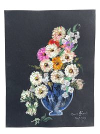 Vintage French Acrylic Painting Of Flowers On Black Paper Naive Style Wall Decor By Josiane Pasquier c1963 / EVE 2